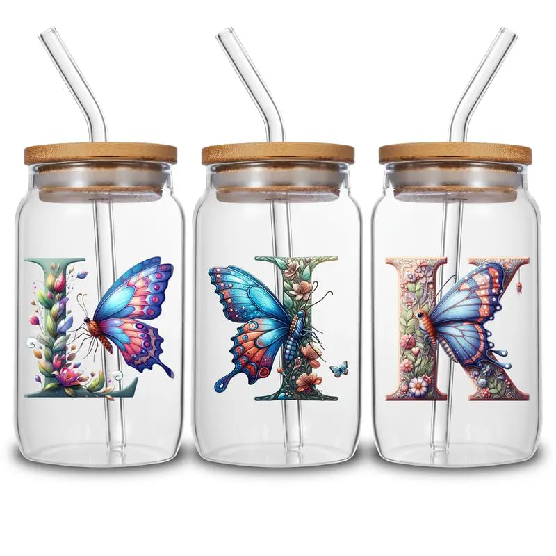 26 Alphabet Blue Butterfly Floral UV DTF Cup Wraps Transfer Waterproof Sticker for Glass Cups Furniture Craft DIY Crafts，Rub on Transfer Stickers for