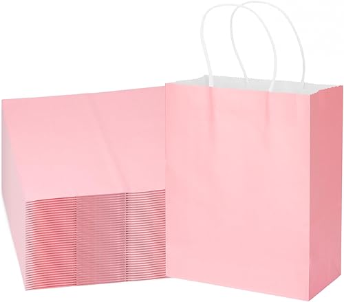 Paquete de 100 bolsas de regalo rosas de 10.5 x 8.5 x 4.5 pulgadas, bolsas de papel con asas, bolsas de papel, bolsa de regalo de cumpleaños, bolsas