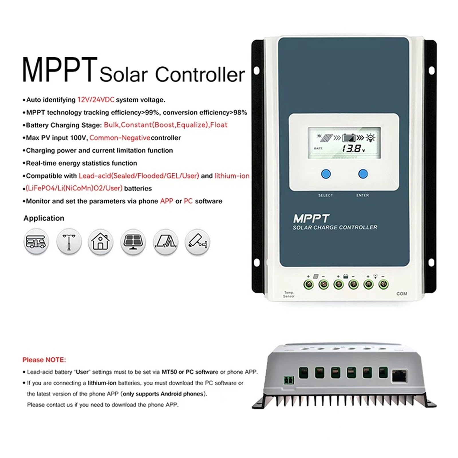 Regolatore Di Carica Solare MPPT 40A 30A 20A 10A Con MT50 Wifi 12V 24V Batteria Automatica Ad Alta Efficienza(20A(2206AN),With MT50)