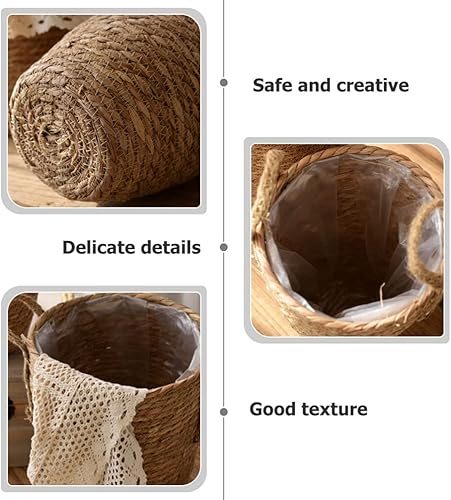 Miniatura 9 de ABOOFAN Jarrón de flores de ratán, cesta de paja, para macetas, cubierta de macetas, cesta de almacenamiento, cesta tejida a mano con forros de