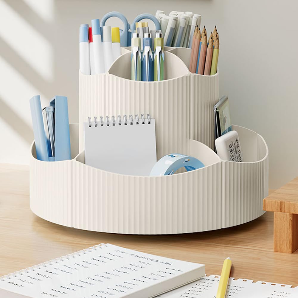 Portapenne Girevole da Scrivania, Organizzatore da Scrivania Rotante con 11 Scomparti, Multifunzionale Portamatite da Scrivania Porta Penne Esagonale per Ufficio Scuola Domestico (Beige)