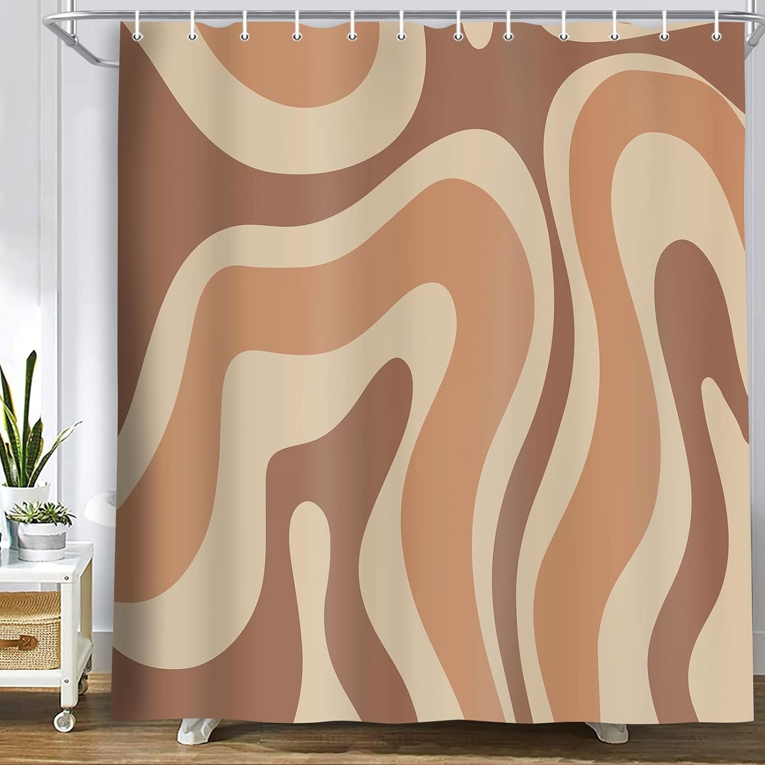 JAWO Cute Brown Shower Curtain, Aesthetic 70s Abstract Wavy