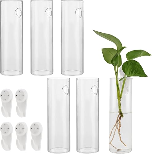JEUIHAU 6 macetas de cristal montadas en la pared, soporte para plantas de tubo de vidrio de pared, floreros de vidrio transparente para colgar en