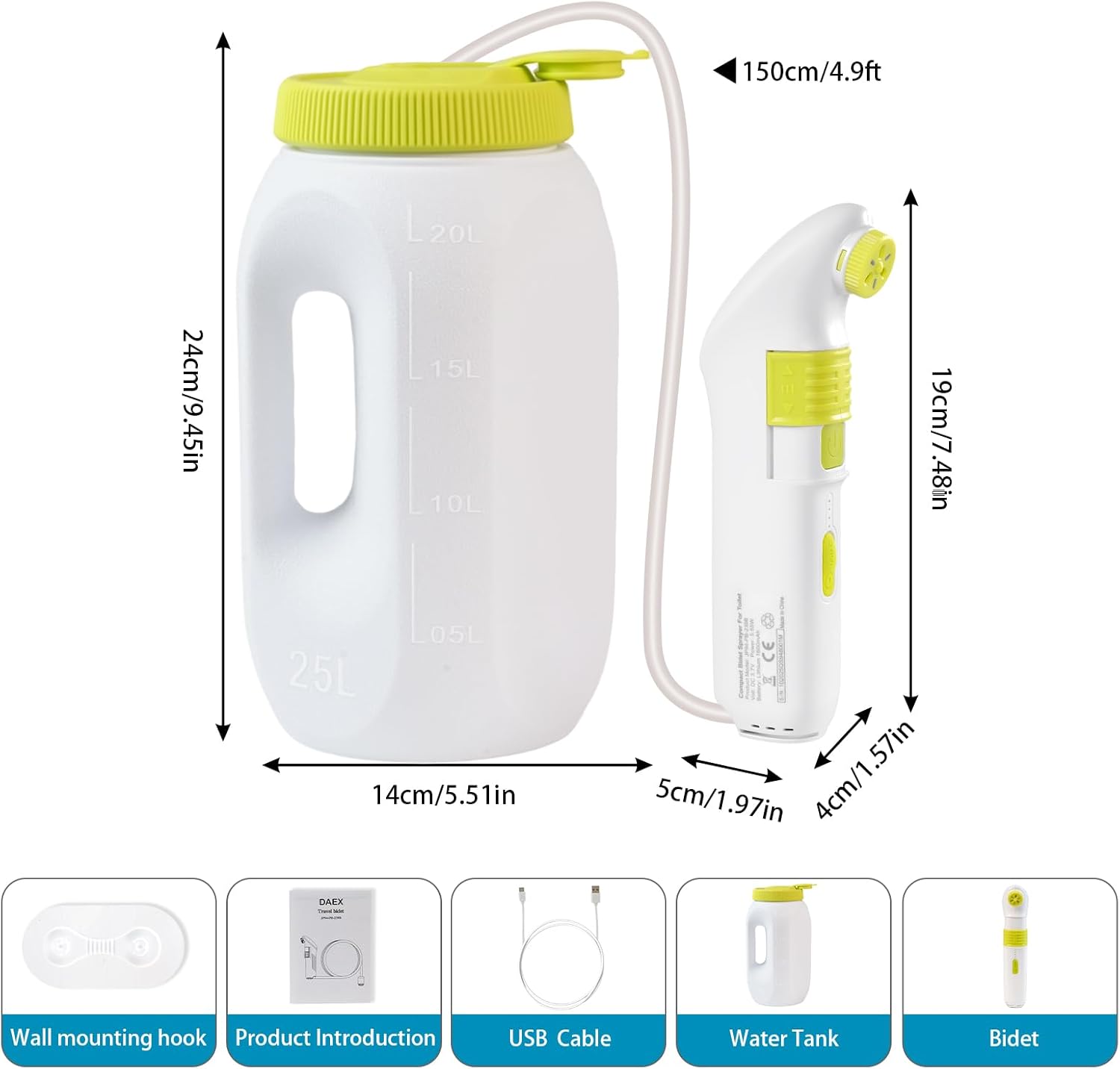 Portable Bidet for Travel – Electric High Pressure Rechargeable Bidet for Women & Men, 2.5L Bottle, 1600mAh Battery, 1300ML/min Strong Flow, Waterproof Personal Hygiene Sprayer for Travel & Home