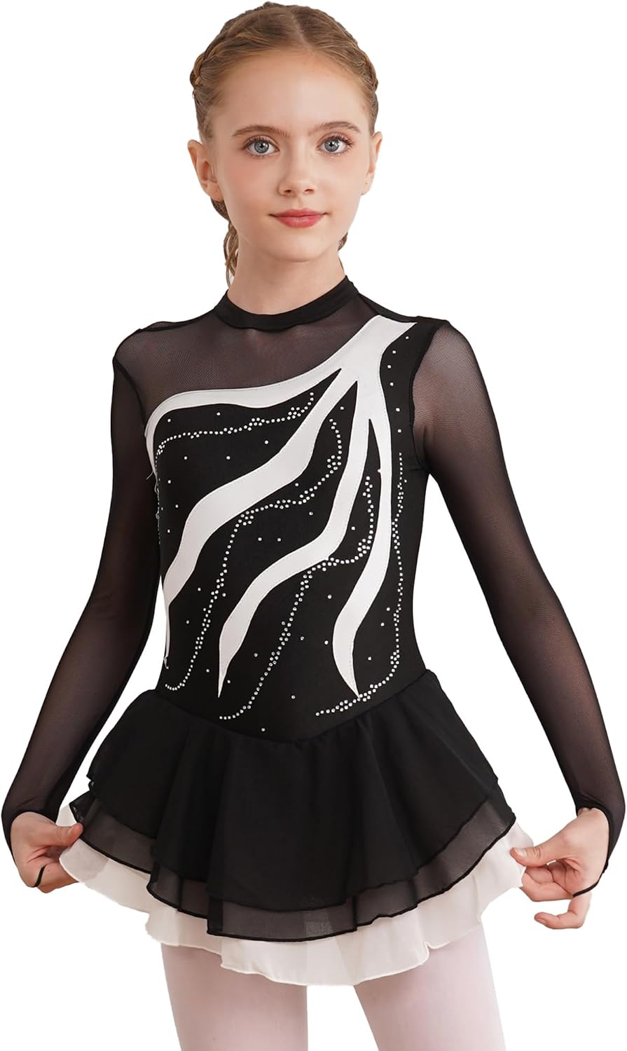 Hansber Girl's Figure Ice Skating Dance Dress Gymnastics Leotard Rhinestone Children Ballet Tutu Skirt Performance Costume