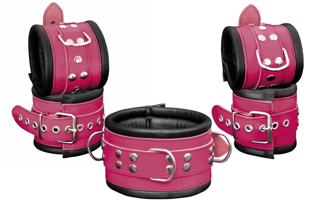 BDSM Bondage Set Leder Fesselset gepolstert, Schwarz Rosa