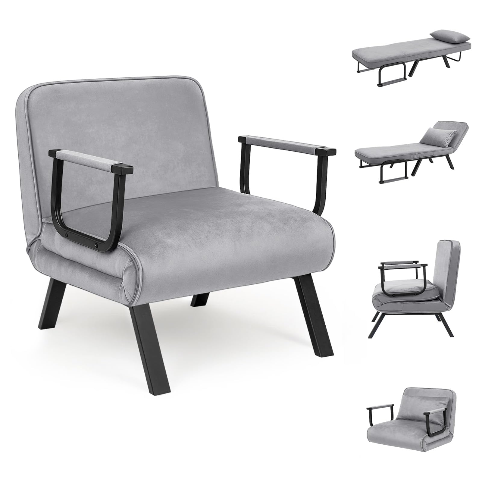 BLUE BAZAAR Folding Sofa Bed 4-in-1 Convertible Single Sofa Chair Bed with 6-Position Adjustable Backrest and Pillow, Folding Sleeper Couch with Upholstered Seat for Living Room (Gray)