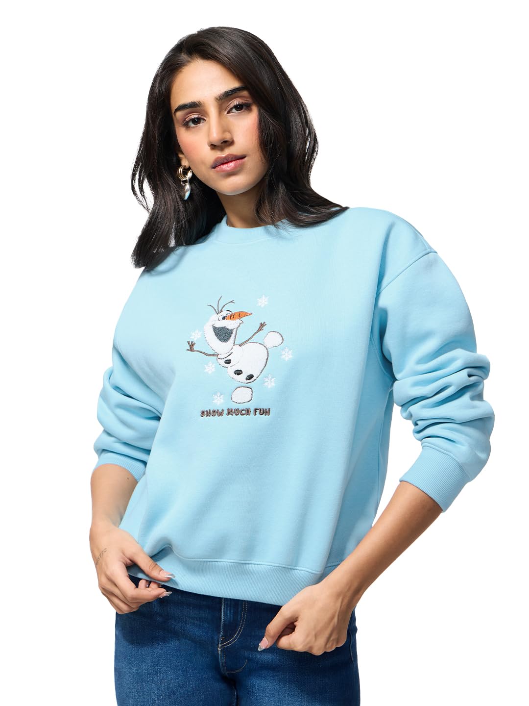 Disney: Snow Much Fun Women and Girls Full Sleeves Round Neck Light Blue Graphic Printed Cotton Blend Oversized Fit Soft Fleece Sweatshirt-image-31