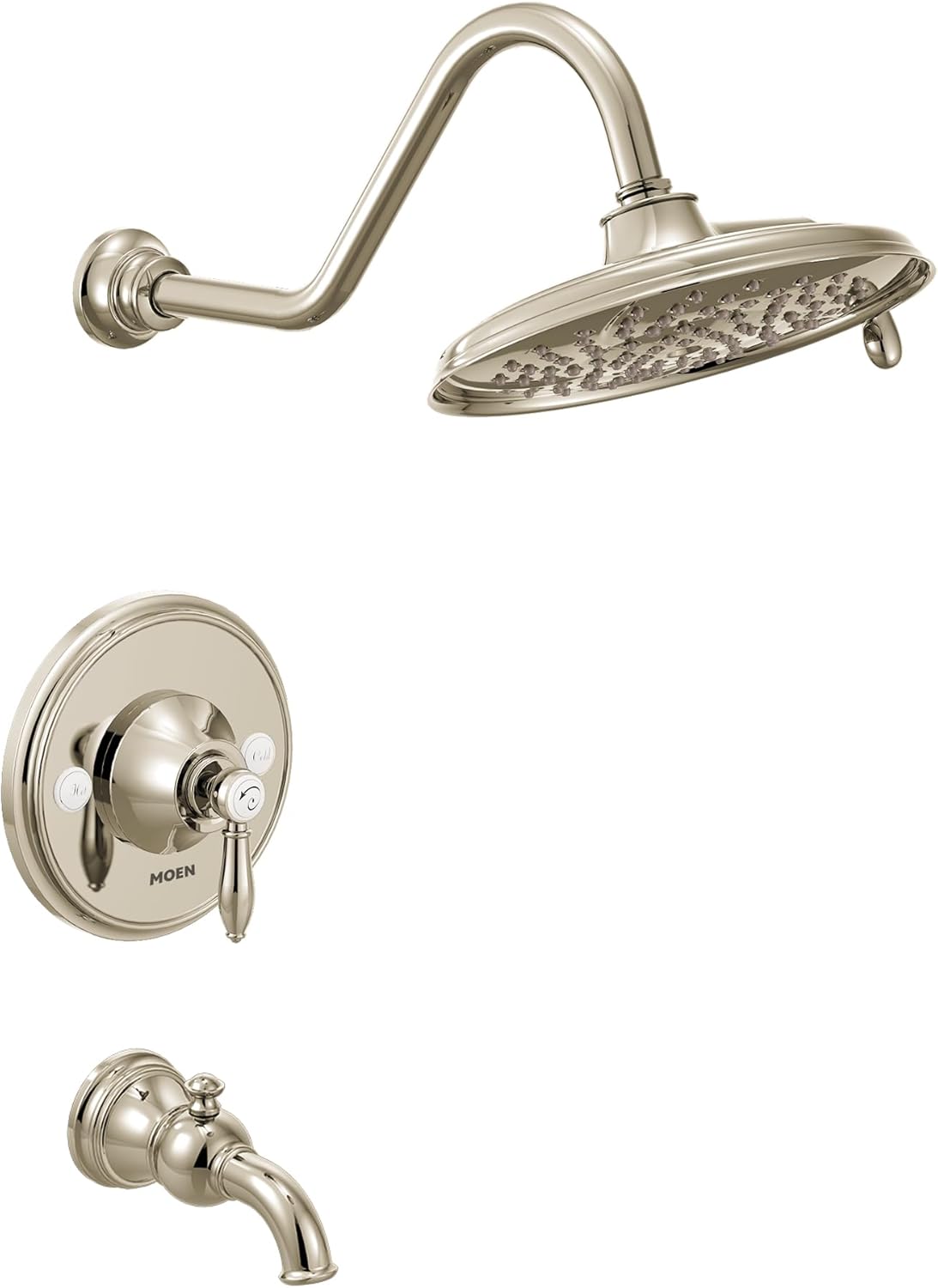 Moen TS32104EPNL Weymouth Posi-Temp Tub and Shower Trim Kit, Valve Required, including 9-Inch 2-Spray Eco-Performance Rainshower, Polished Nickel