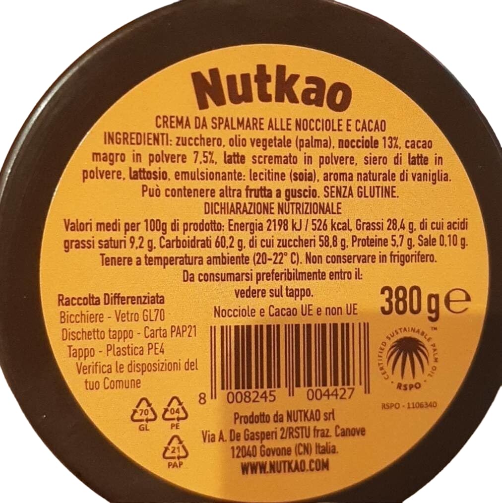 12er-Pack Nutkao Crema Cacao con Nocciole,Streichfähige Creme Kakao mit Haselnüssen,Italienische Creme, 330g-Glas + 1er-Pack Kostenlos Felce Azzurra Talkumpuder, 100g-Beutel