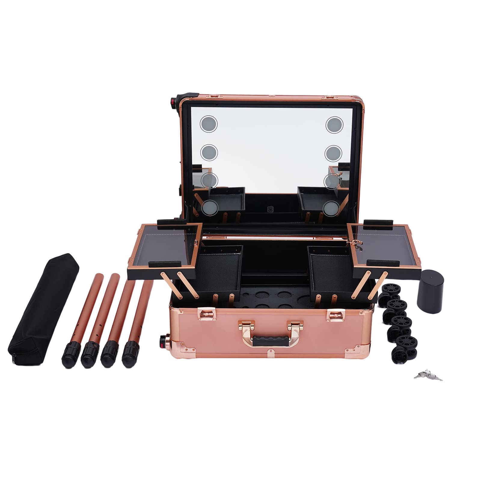 YUMIONB Makeup Case, 110.23lbs Load-Bearing Capacity Rolling Cosmetology Case Lockable Travel Case with Clear Mirror and 8 LED Bulbs for Professional Make-Up Artists, Hairdressers, Nail Technicians