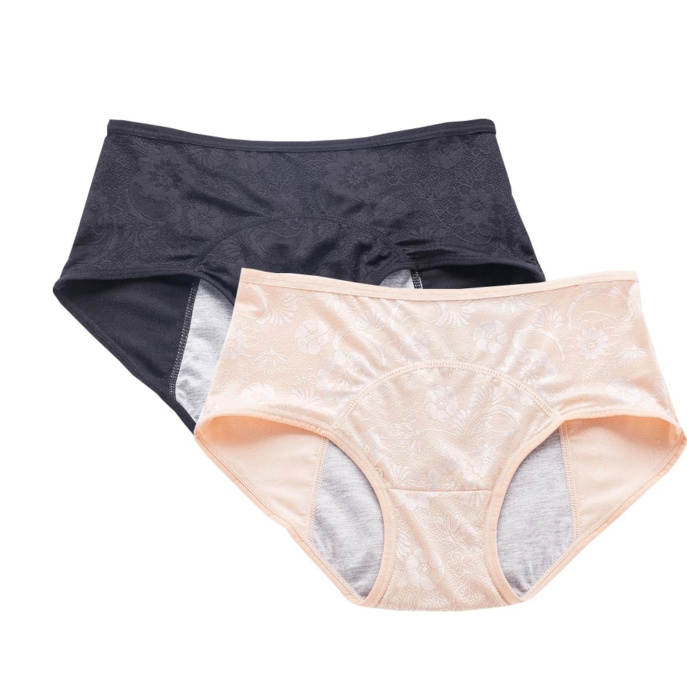 Yoyi Fashion Women's Black,Nude Menstrual Period Briefs Jacquard Easy Clean Panties 2 Pack Size 14,