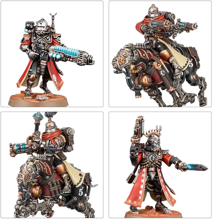 Four assembled and painted Adeptus Mechanicus miniatures.