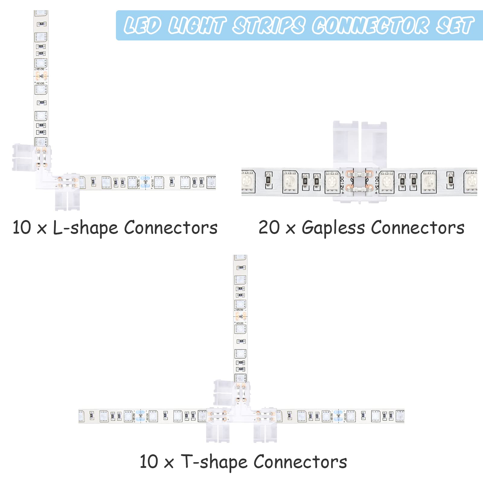 Snapklik.com : 40 Pcs 10 Mm 2 Pin LED Strip Connectors T Shape L Shape ...