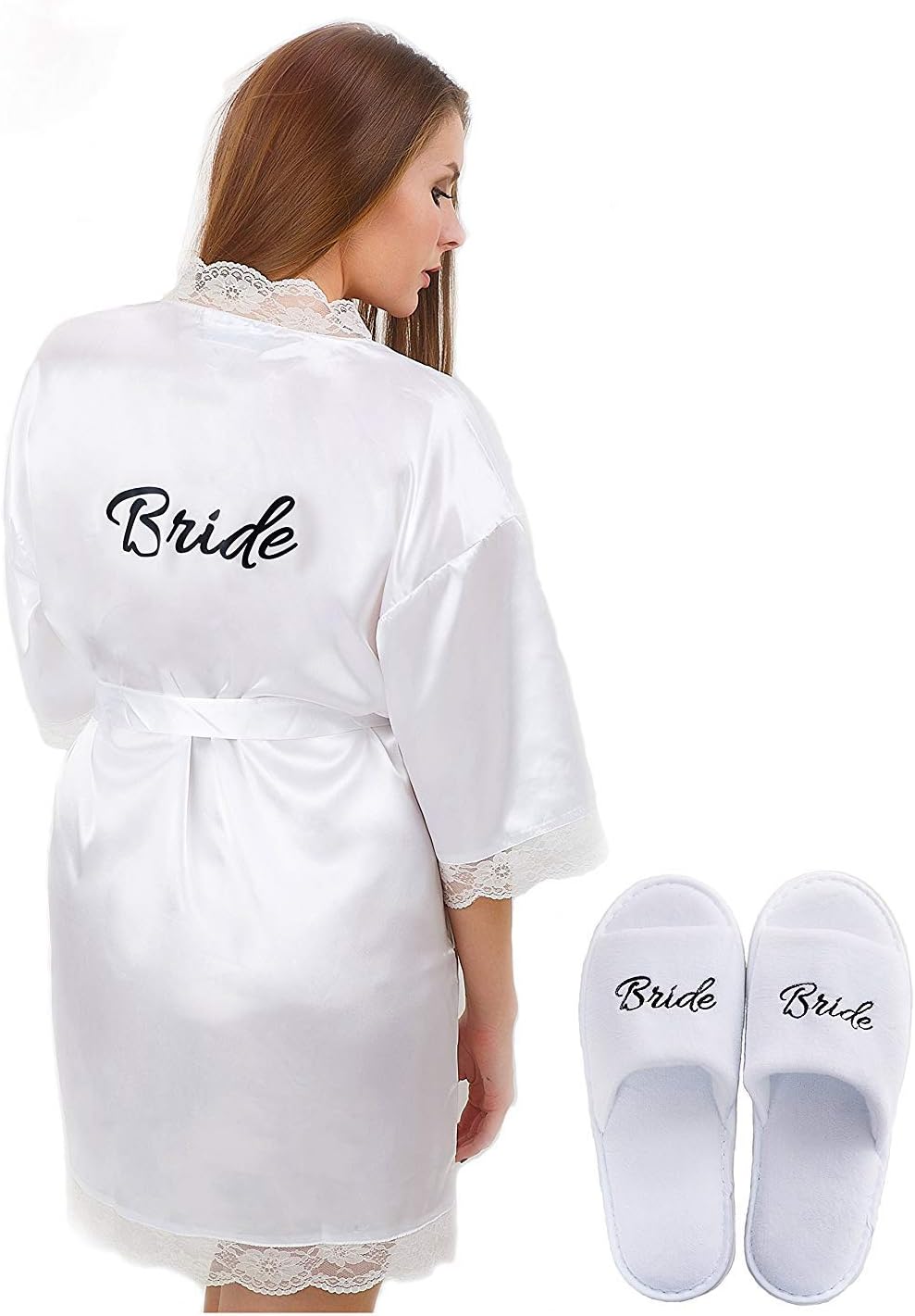 Womens Wedding Bridal White Robe with 'Bride' Print on Back and FREE Slippers