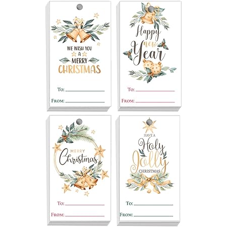 MEYFCLA 100PC Cute Gold Merry Christmas Happy New Year Tags Gift Labels  Thank You Cards -Christmas Name Tag Cards-Xmas Card Paper for Gifts Box ...