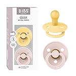 BIBS Colour Pacifier 2-Pack, BPA Free Dummy Binky, Round Nipple. Natural Rubber Latex, Made in Denmark, Size 1 (0-6 Months), Pale Butter/Petal