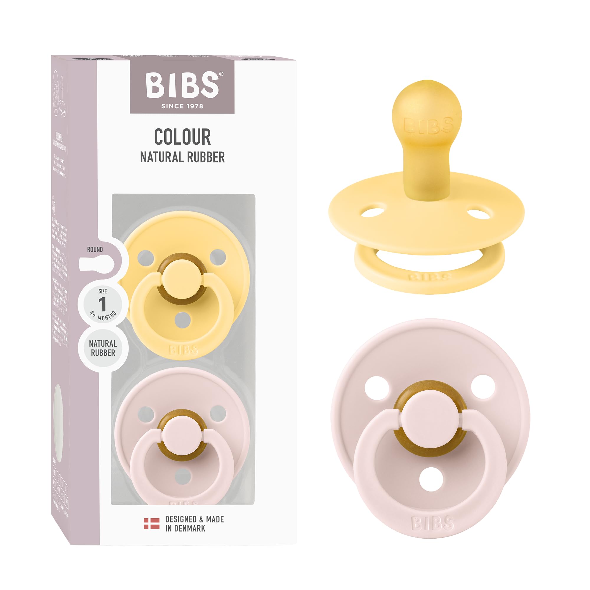 Bibs Colour Pacifier 2-Pack | BPA Free Soother, Round Nipple. Natural Rubber Latex,