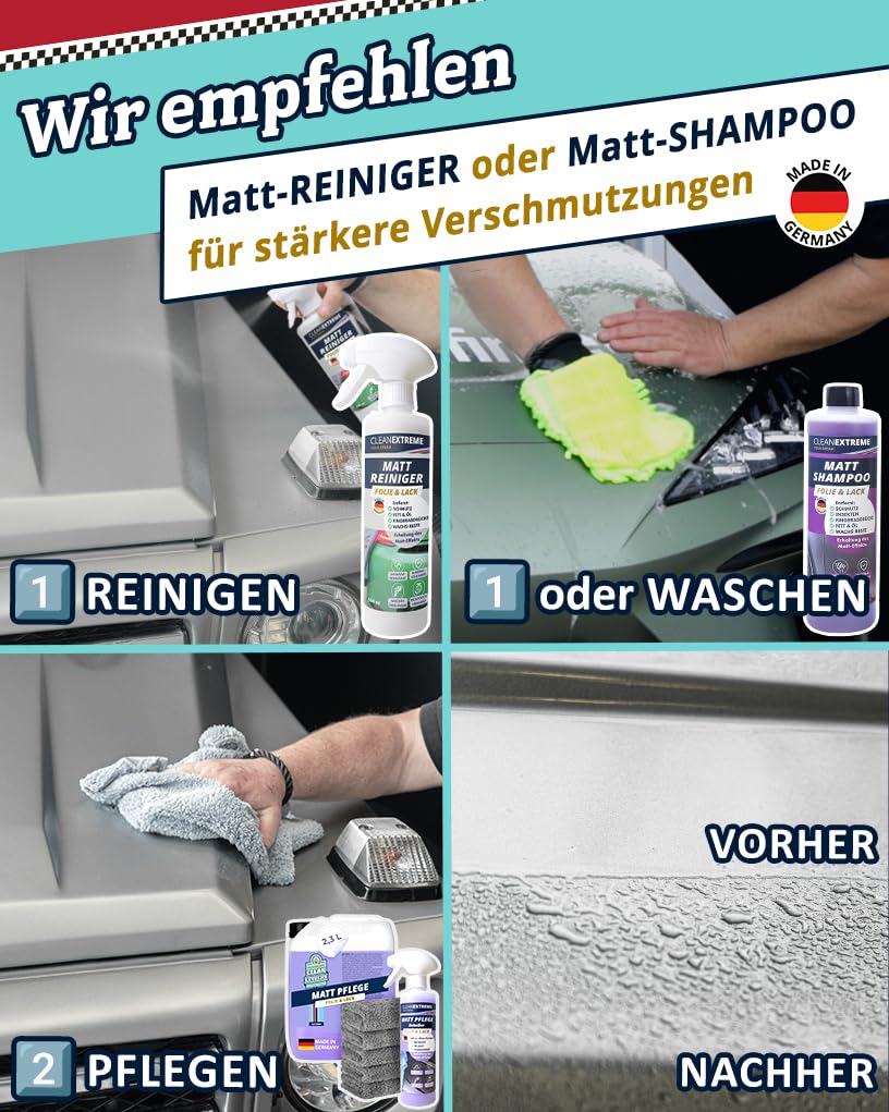Mattlack Pflege mit Versiegelung - 500ml Spray + 2,3L Kanister | Set inkl. 5 x 500GSM Mikrofasertuch - Zum Pflegen von Autolack Matt, Matt-Folie, Autosprühfolie - Erhält den Matt-Effekt