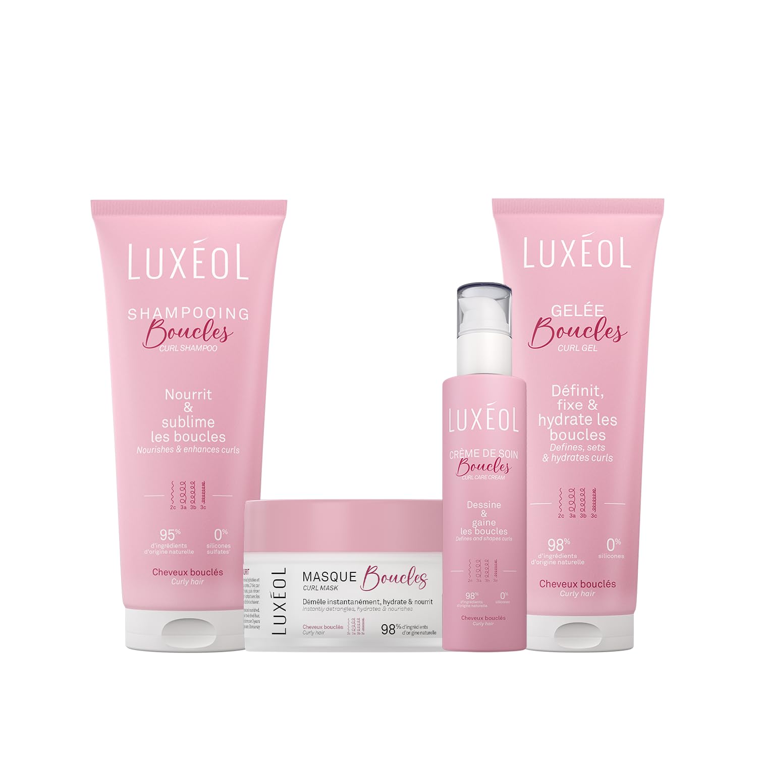 LUXEOL - Routine Cheveux Bouclés - Sublime Les Boucles - Limite les Frisottis - Parfum Gourmand - Méthode Curly Hair - Shampooing 200ml + Masque 200ml + Crème De Soin 250ml + Gelée 250ml