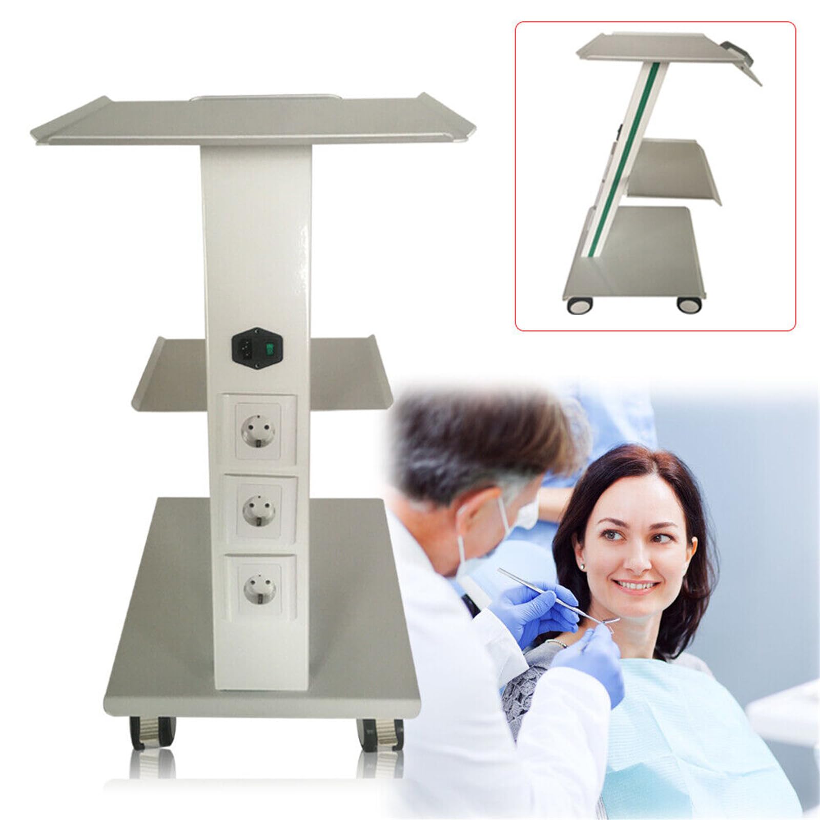 YIPONYT 3 Tier Rolling Lab Trolley, Multi-Function Trolley Cart w/Built-in Socket, 3 Layer Mobile De-ntal Medical Cart Salon Beauty Instrument Tray Rolling Clinic Cart