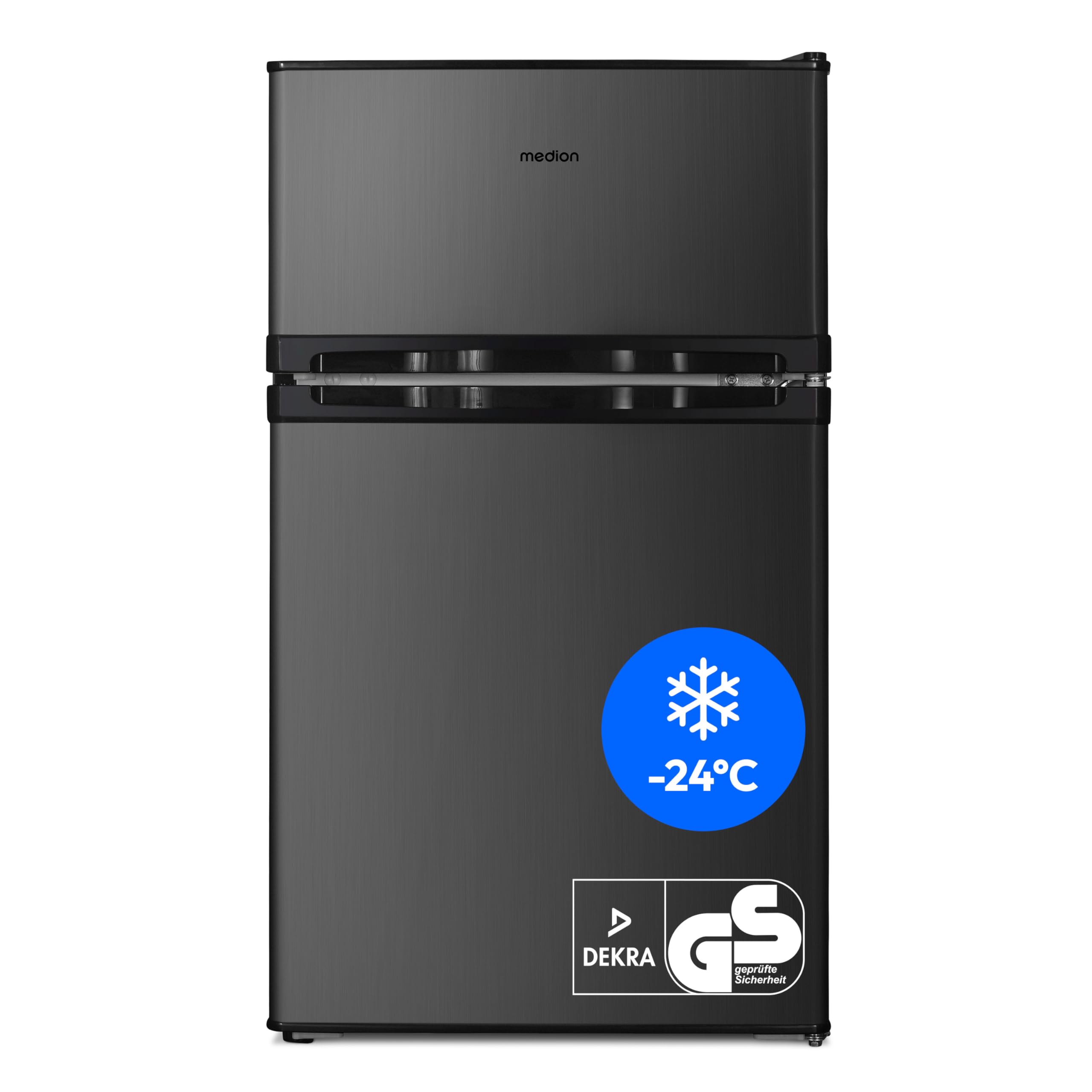 MEDION Mini Kühl-Gefrierkombination (85 Liter, 61L Kühlteil, 24L Gefrierteil, freistehend, 40 dB, transparente Gemüseschublade, Türanschlag wechselbar, MD 37689) grau