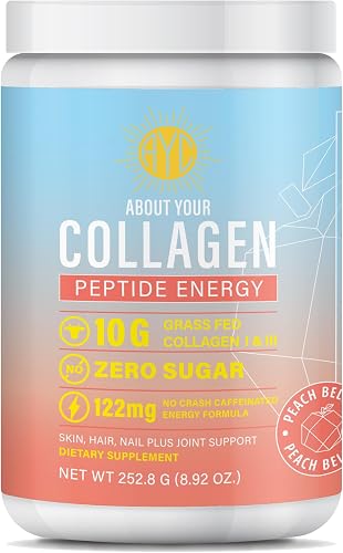 ABOUT YOUR COLLAGEN Peptide Energy - Colágeno en polvo para cabello, uñas, piel, tipo I y III, cafeína para energía, vitamina C, biotina, ácido