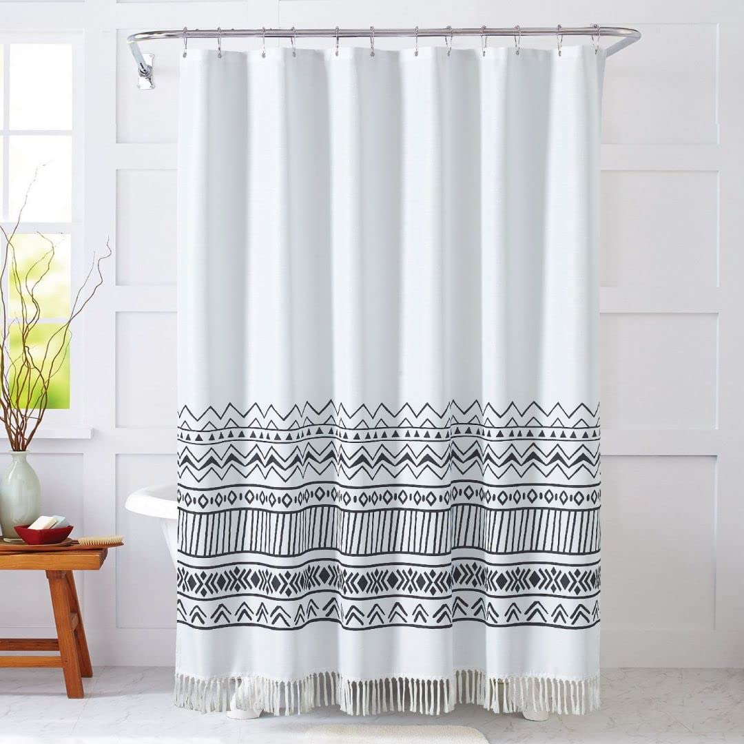 YOSTEV White Black Shower Curtains Set for Bathroom, Farmhouse Tassel Shower Curtain, Boho Shower Curtains for Bathroom, Textured Waterproof Fabric Bath Curtain, 72 x 72 Inch, Standard Size