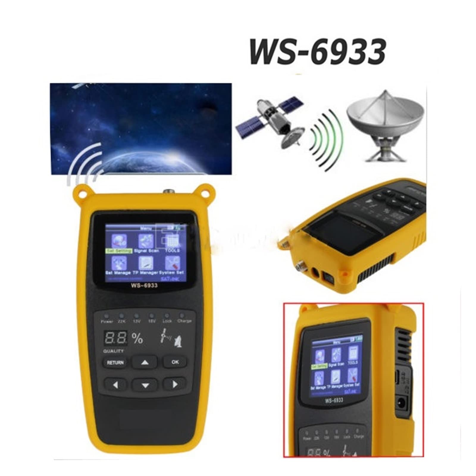 Medidor de Campo TDT, DVB-S2 FTA C & KU Band Digital Satellite Finder Meter 2.1` Pantalla LCD Cubierta de Silicona y batería de Litio WS 6933,para configurar Antena parabólica
