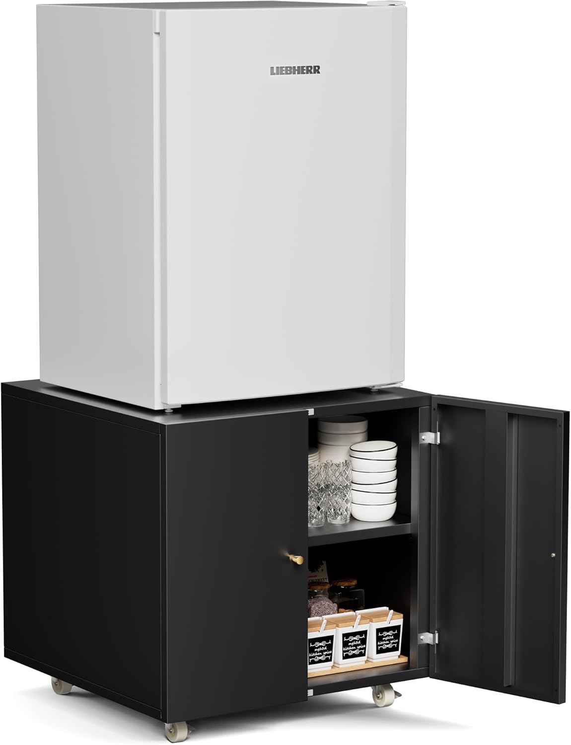 INMOZATA Fridge Cabinet Large Fridge Stand with Storage Printer Tables for Small Spaces with Door Adjustable Shelf Metal Printer Stand with Wheels for Home Office (Black - 23.62" H) Black - 23.62"h