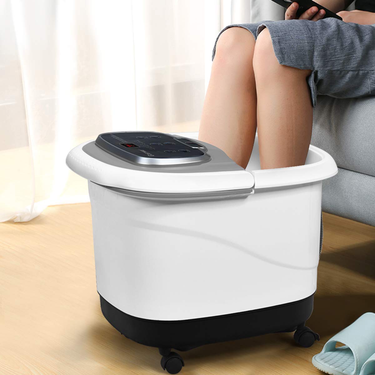 RELAX4LIFE Fußbadewanne elektrisch, Fußbad Massagegerät 10-60 min. Timer, 35-48℃, Rollbare Fußwasserwanne mit Universalrädern & Bremsen, Fußmassage mit Heizungs- & Dusch-Funktion (Grau)
