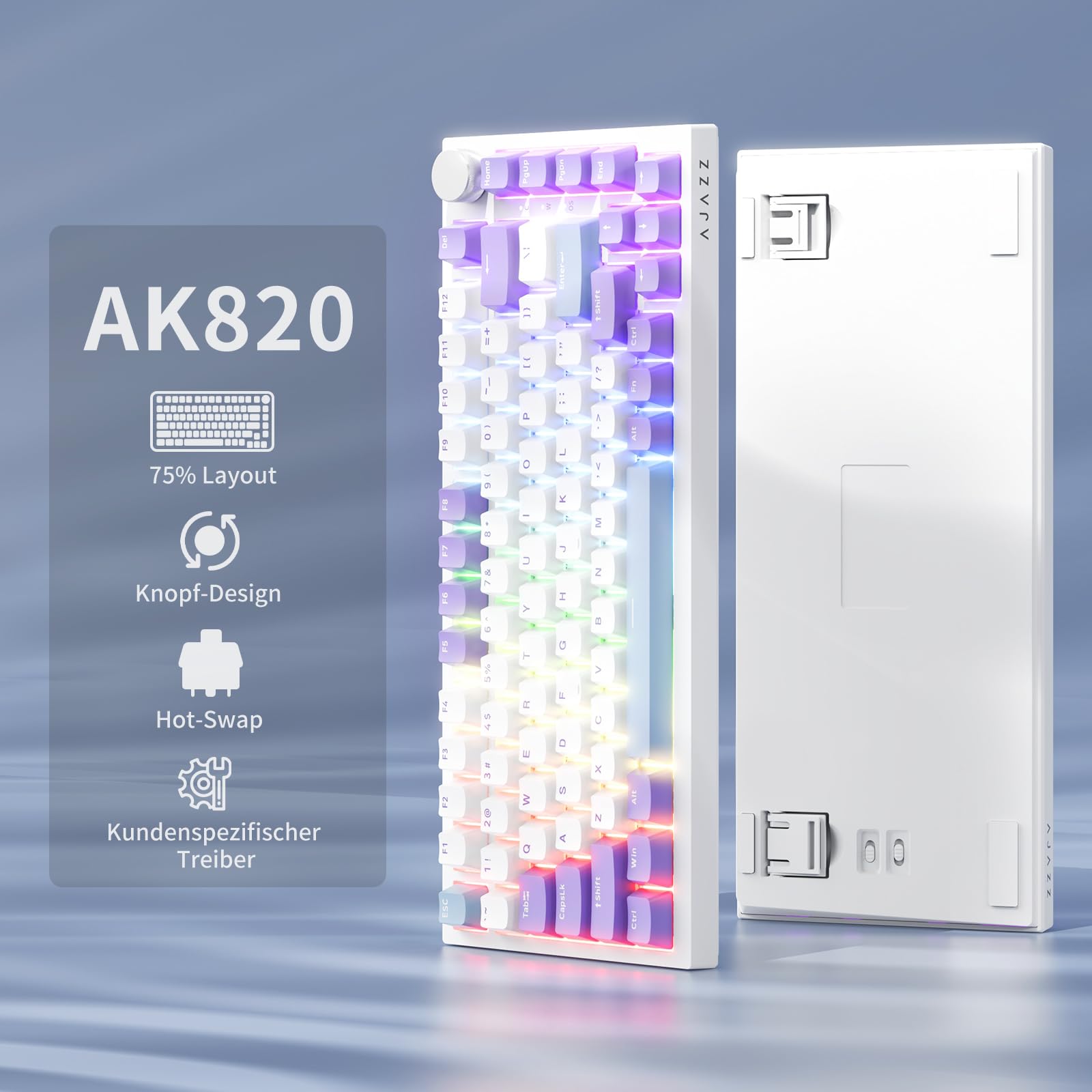 AJAZZ AK820 Wired Mechanical Keyboard, 75% Gaming Keyboard with Volume Control Knob, PBT Keycaps, 82 Keys, Five-Layer Sound Insulation Pad, South-Oriented RGB, Full-Key Hot Swap, Blue White Purple