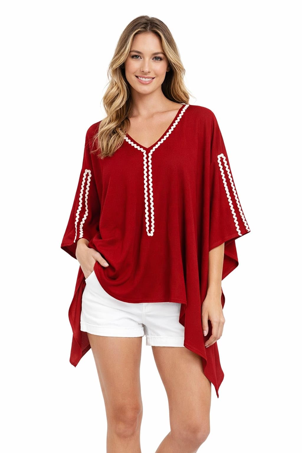 Women's Kaftan Top, Navy Blue with White Rick Rack Trim, V-Neck Batwing Sleeve, Rayon Fabric, Loose Fit Casual Style-image-23