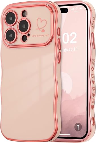 Miniatura 14 de ZTOFERA Funda para iPhone 14 de 6.1 pulgadas, Linda Funda con Marco de Ondas Rizadas con Patrón de Corazones, Borde Chapado de Lujo, Funda de