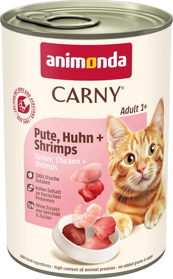 animonda Carny Katzen Nassfutter Pute + Huhn + Shrimps (6 x 400g), getreidefreies Katzen Nassfutter ohne Zucker, mit frischen fleischigen Zutaten