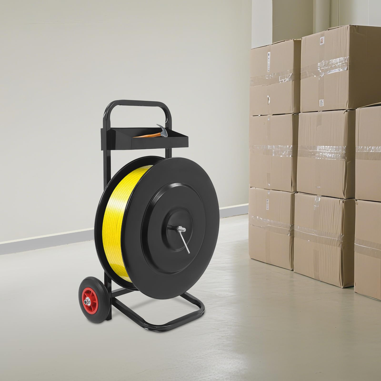 Chariot roulant pour bande de cerclage - Distributeur mobile avec bac de rangement robuste