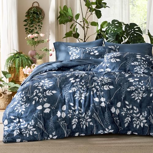 Image of Bedsure Floral Navy Comforter Set, King Bedding Sets, 7 Piece | Bed in a Bag, Comforters, Bedroom, Reversible, Fluffy, Whisper-Quiet, All-Season, Polyester, Easy Care, Botanical-Chic, OEKO