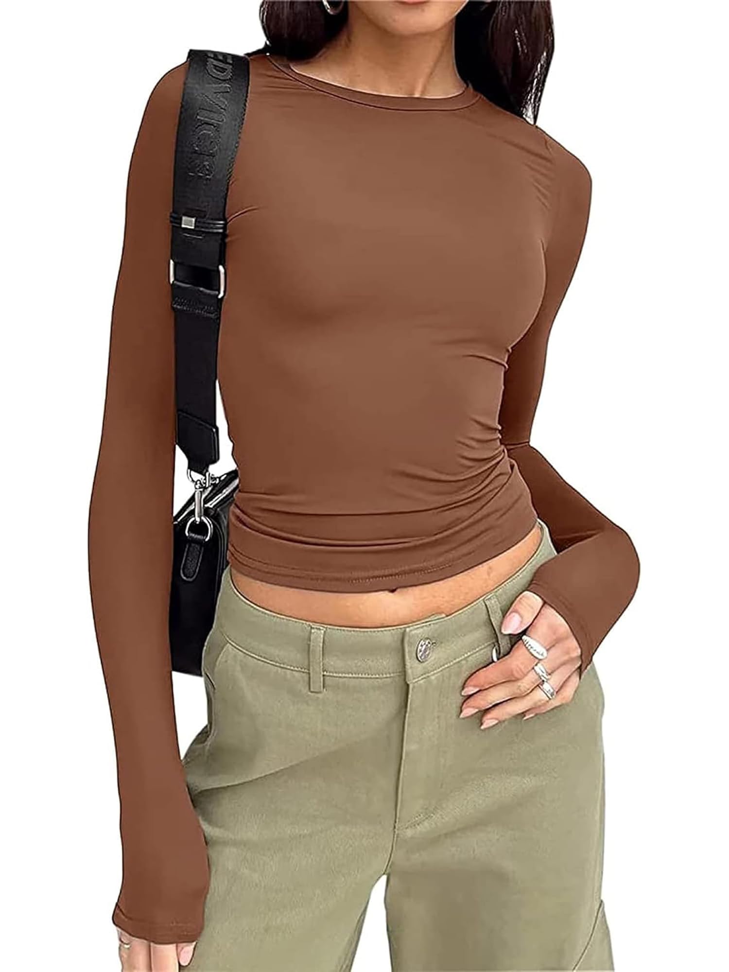 Women Basic Slim Fit T-Shirt Top Crew Neck Tight Basic Blouse Tee Tops Y2K Crop Top Club Party E-Girls Streetwear (A-Brown, M)