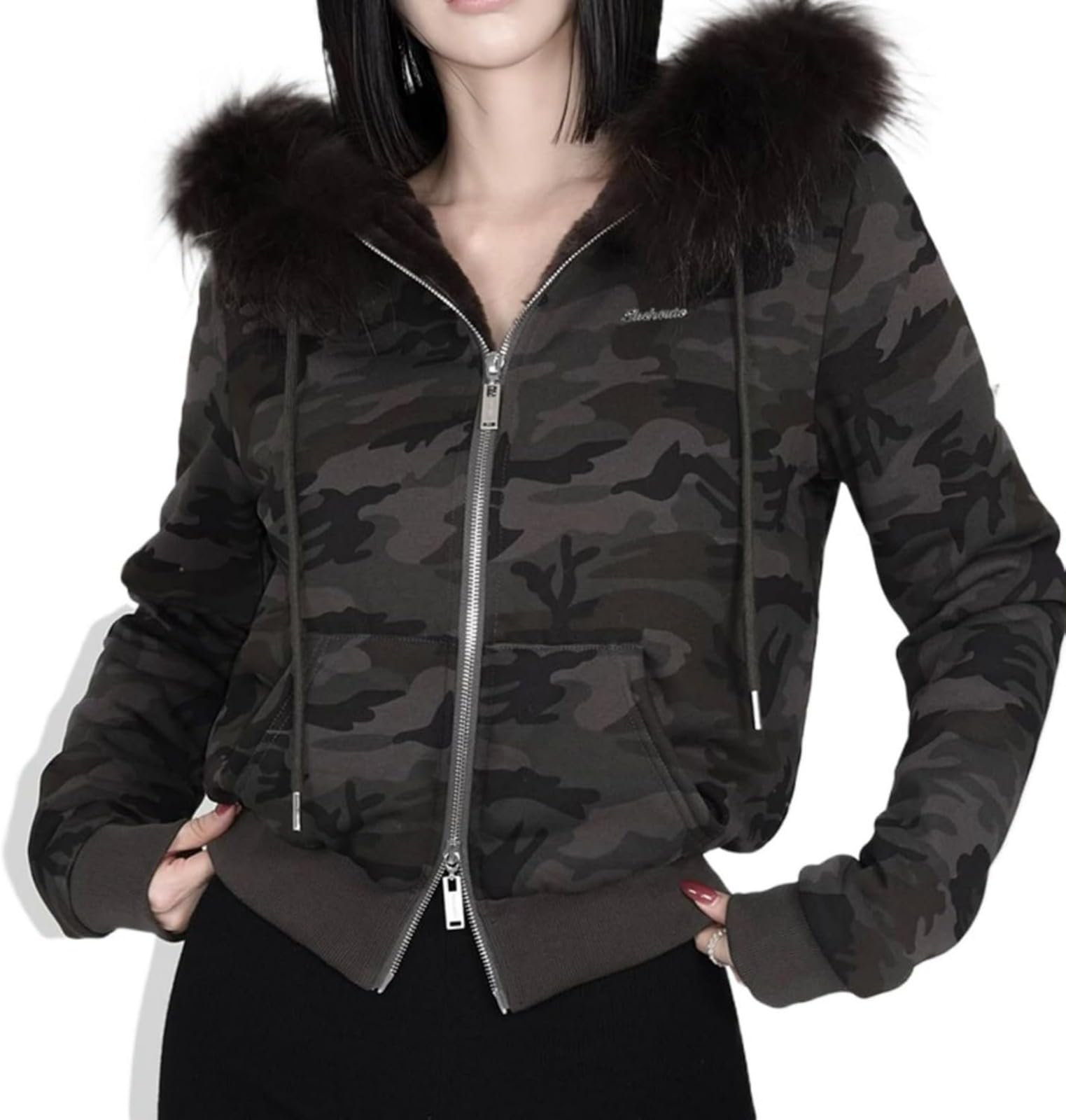 FENXIXIONE Faux Fur Trim Camo Hoodies for Women, Y2k Long Sleeve Cropped Sweatshirt, Zip Up Jacket with Fur Hood (M,Camouflage)
