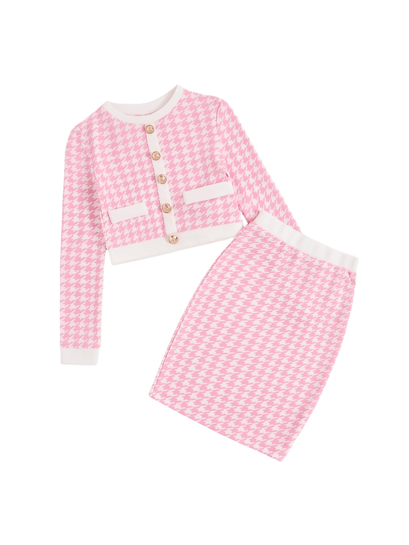 Milumia Girl's Two Piece Outfits Houndstooth Button Decor Crop Blazer Jacket and Skirt Sets