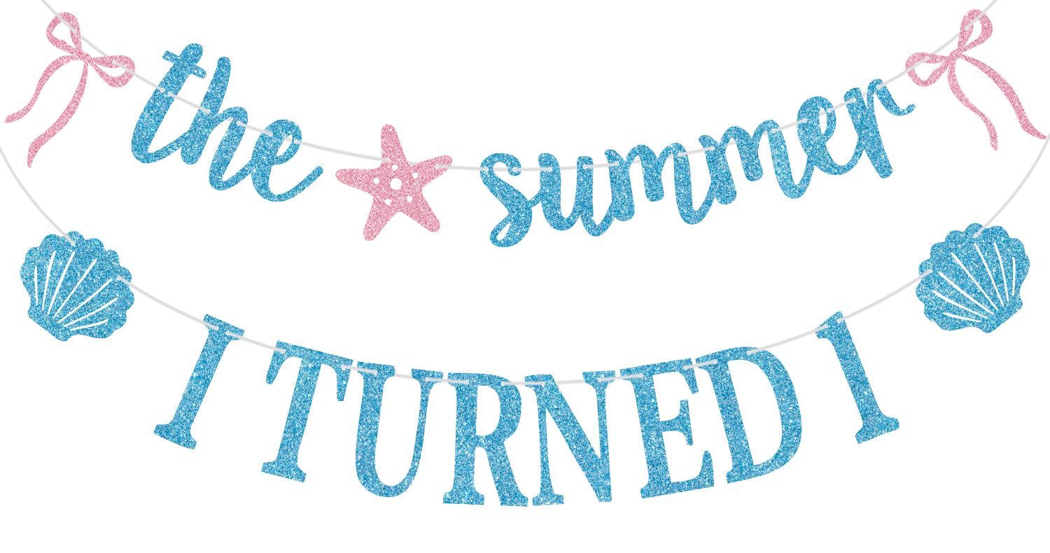 Blue Glitter Glitter the Summer I Turned 1st Banner, Hawaiian Summer Tropical Birthday Decor, Shell Starfish Themed 1st Birthday Party Decorations Supplies