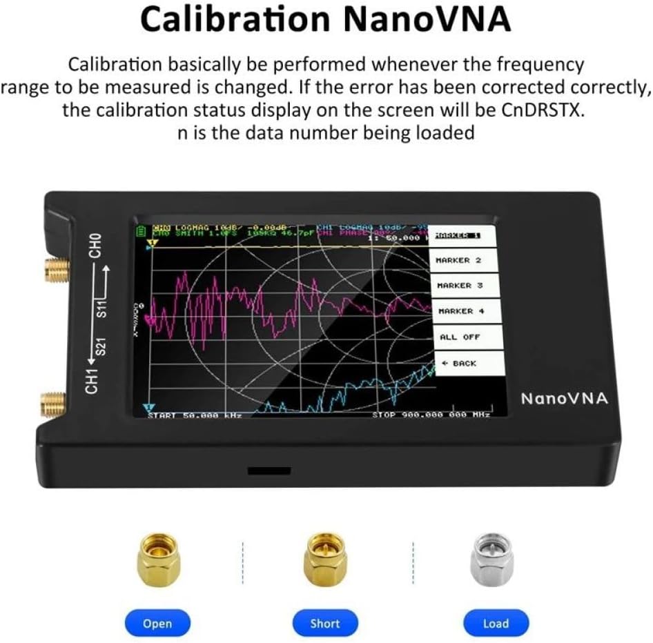 NanoVNA-H4 screen showing calibration status and images of Open, Short, and Load calibration kits
