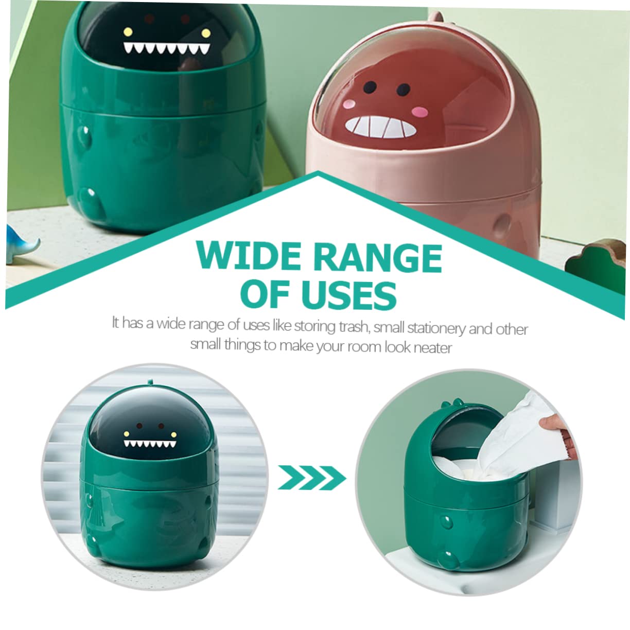 LABRIMP Cartoon Dinosaur Mini Trash Can with Lid Compact Desktop Wastebasket for Office and Home Small Green Rubbish Bin for Easy Garbage Storage