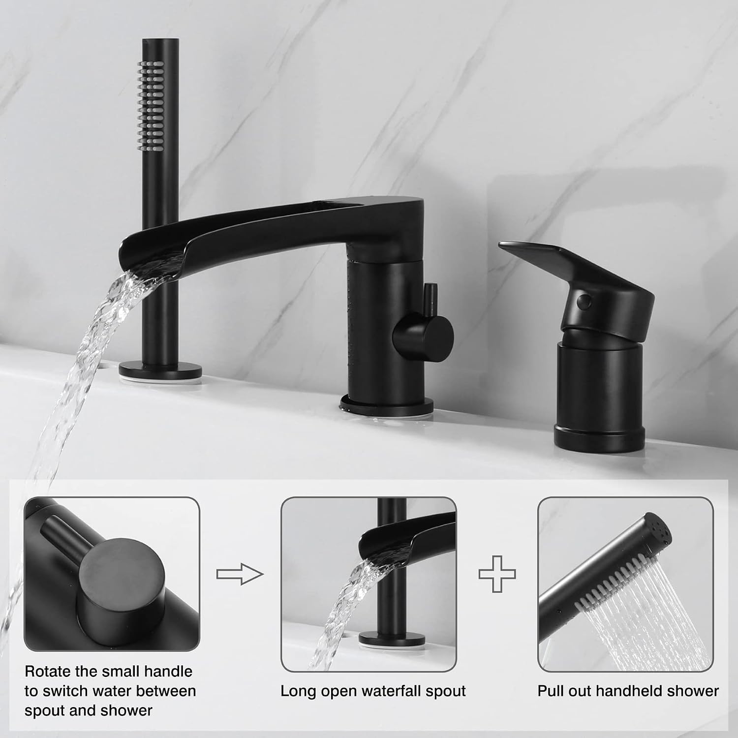 TapLong Waterfall Roman Tub Faucet with Hand Shower, Widespread Deck Mount Bathtub Faucet with Sprayer, Single-Handle 3-Holes Bathtub Shower Faucet Set in Matte Black, 03119B