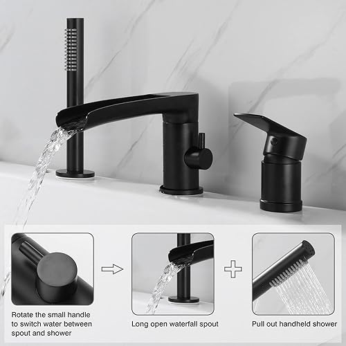 Miniatura 72 de TapLong Grifo de llenado de bañera en cascada con ducha de mano, juego de grifo de bañera romano generalizado, montaje en cubierta, 3 agujeros, Oro