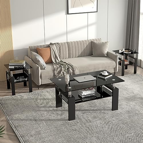 Meihua Glass Coffee Table And End Table Set Of 3, Living Room Table Set With Tempered Glass & Metal Legs For Livingroom Center Table, Sofa Bedroom Nightstand. thumb #3