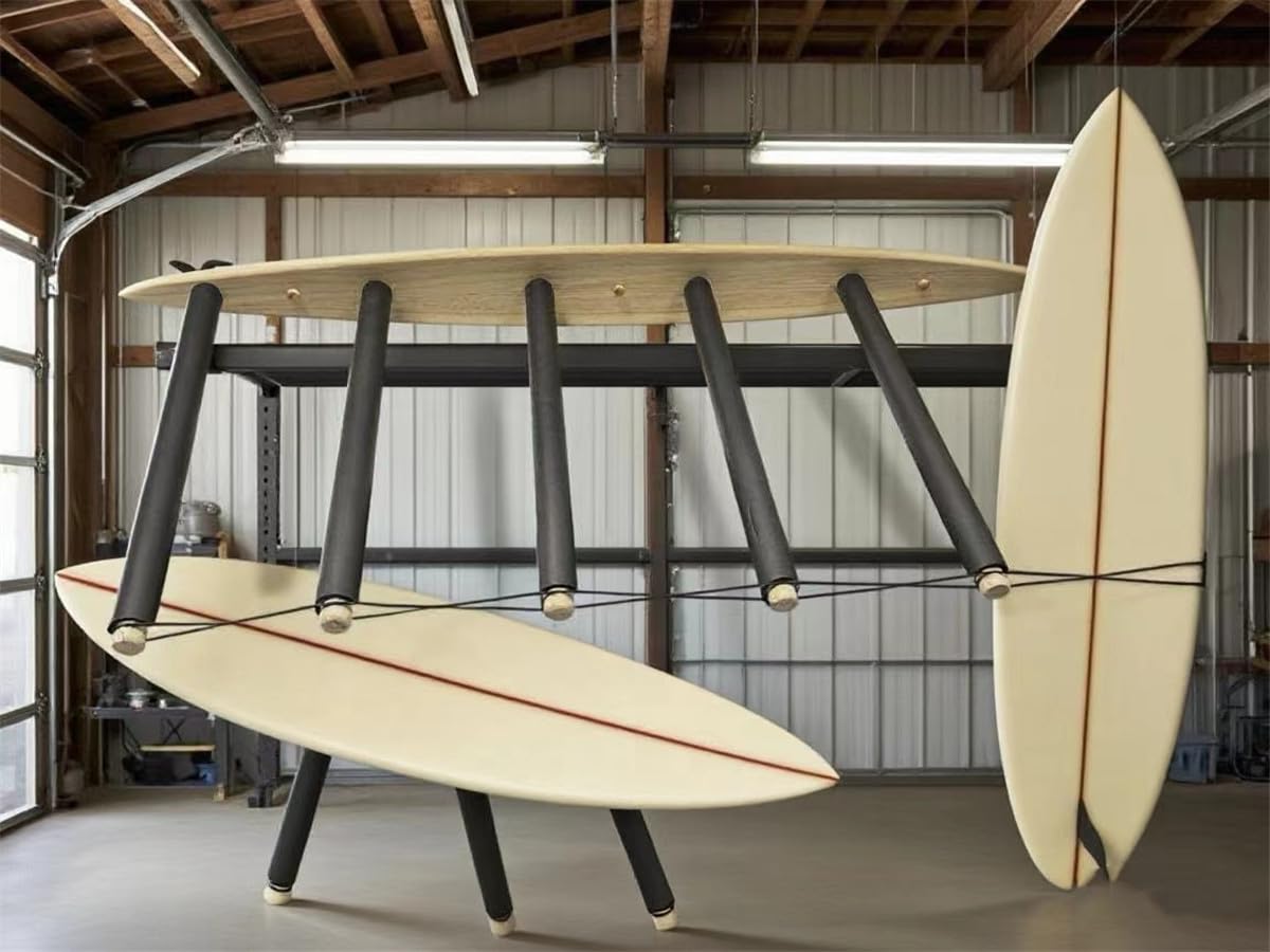 Soporte vertical para tabla de surf - Madera dura duradera con alfombra de goma, 6 brazos (5 a 6 tablas), soporte de surf para pared, almacenamiento de tablas de surf, wakeboard, tabla de