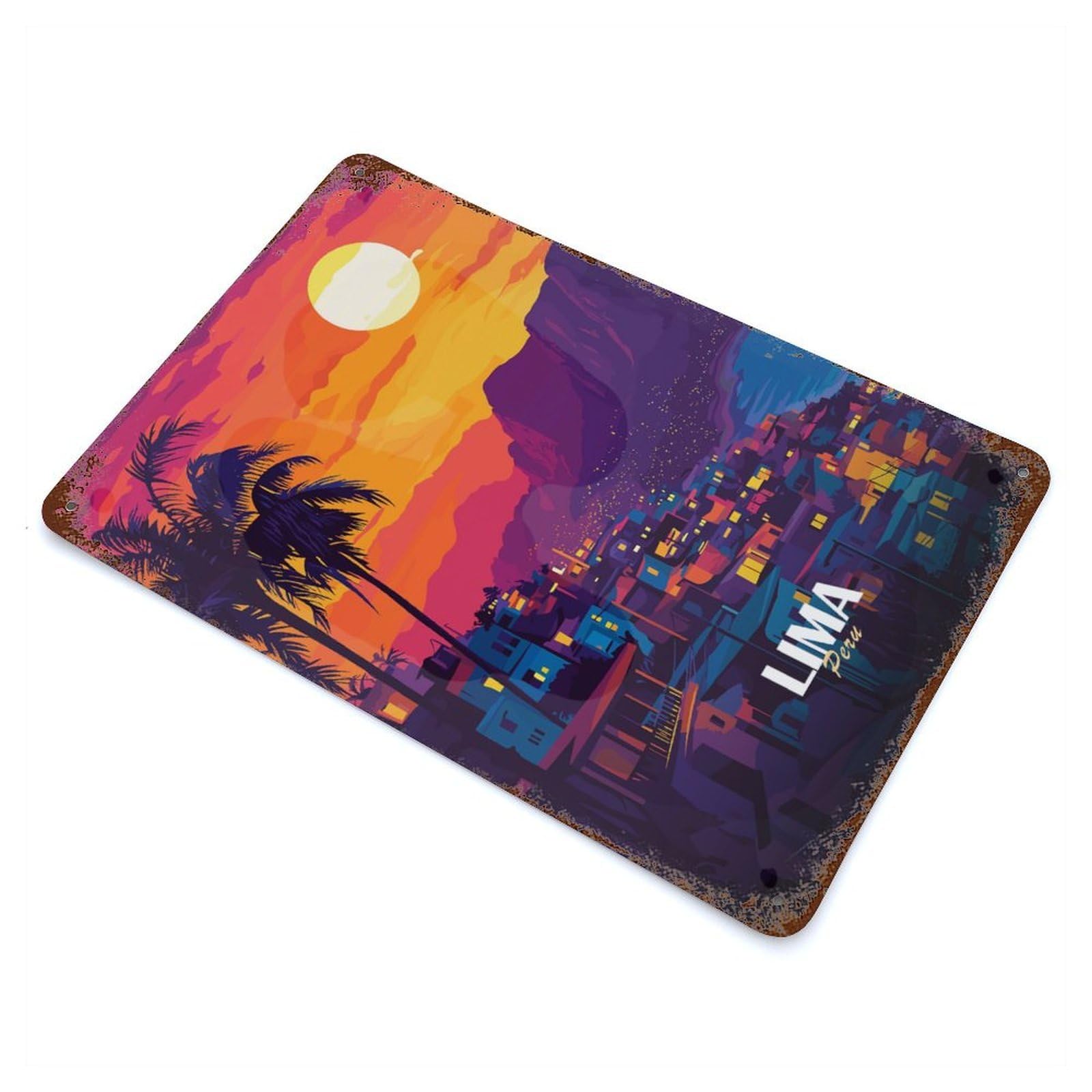 Rust Effect Lima, Peru Cityscape at Sunset Distressed Metal Wall Sign 11.8"x7.9", Decorative Metal Wall Art for Living Room, Hallway And Home Decor