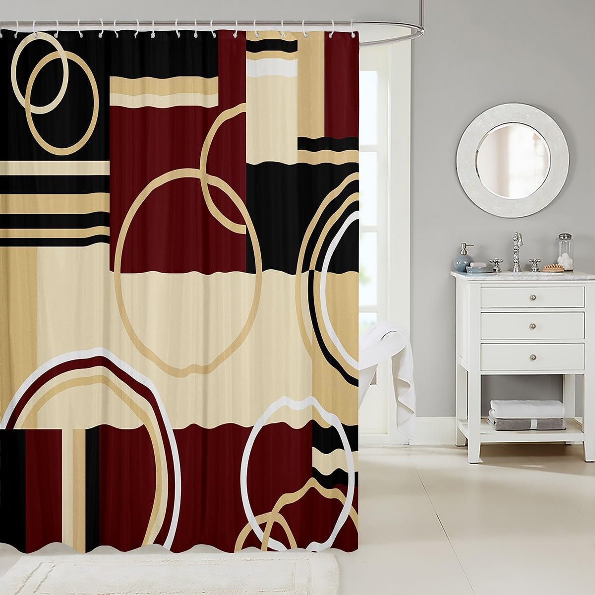 Modern Geometric Shower Curtain Red Brown Black Stripes Bath Curtain Retro Circle Swirls Bathtub Shower Curtain Decor Abstract Texture Color Art Bathtub Shower Curtain For Kids Adult 72" W x 78" L