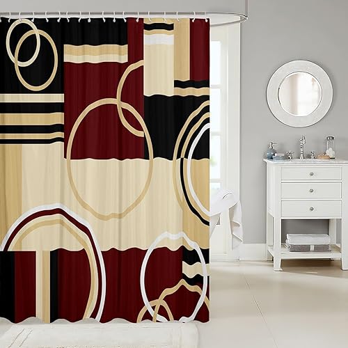 Miniatura 2 de Cortina de ducha geométrica moderna con diseño geométrico de rayas rojas, marrones, negras, cortina de baño retro con espirales circulares para